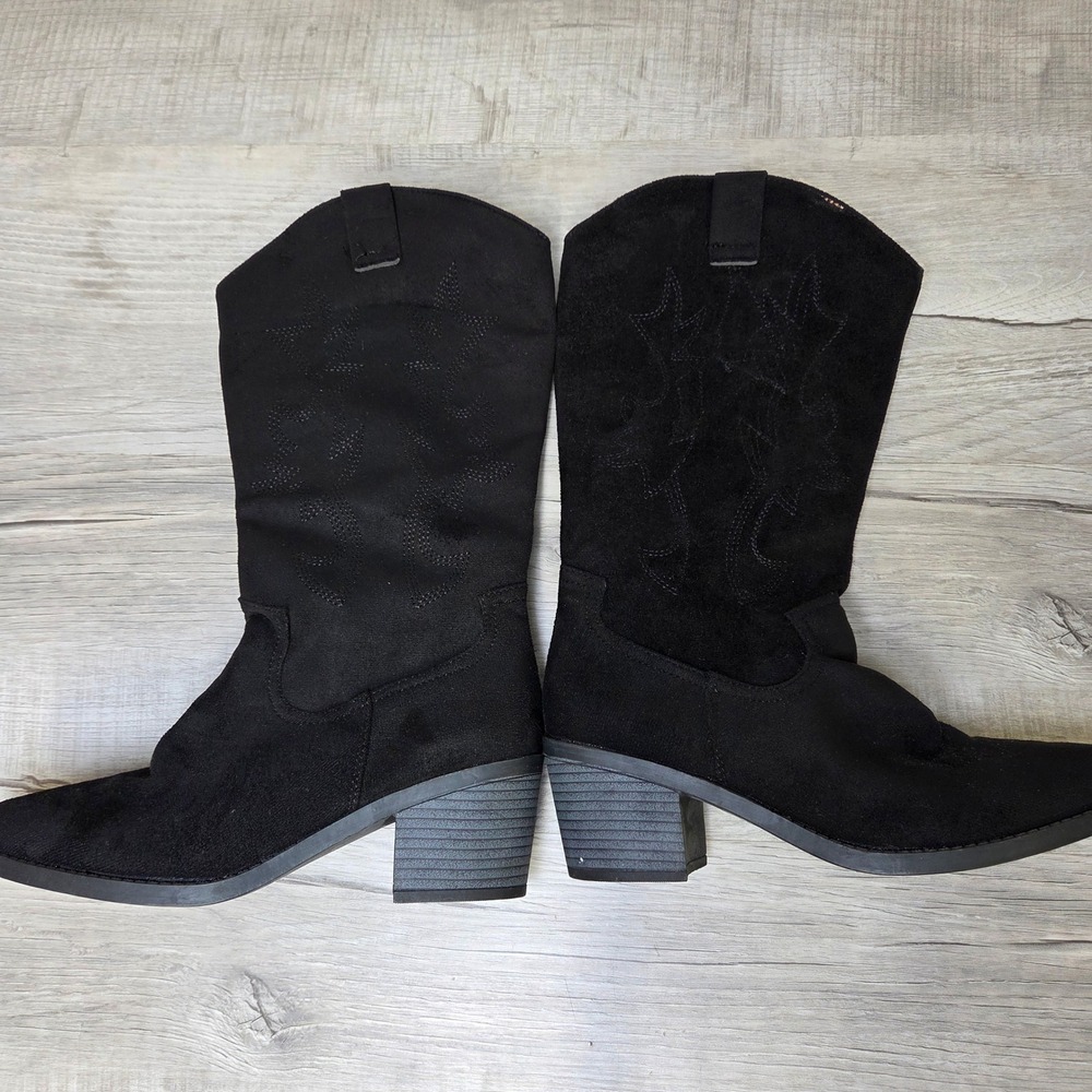 Black Faux Suede Western Cowgirl Boots Pointed Toe Block Heel EU 37 US 6.5-7